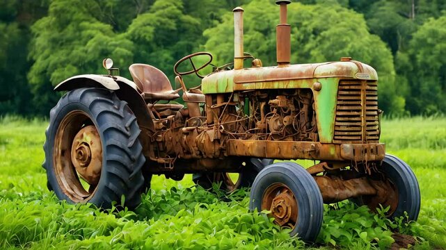 An old rusty tractor on a green field