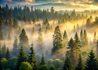 Obraz premium Misty dawn breaks over a serene coniferous forest with towering evergreens, foggy atmosphere, and lush undergrowth, evoking a sense of stillness and reverence.