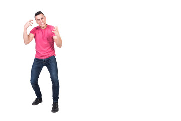 Angry male making grimace and gesturing in white studio