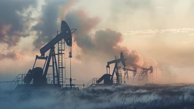 An oil well pump in misty morning light