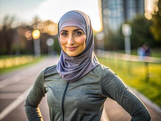 Muslim woman in s hijab and sport wear. Female sport.