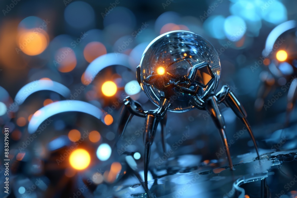 Poster a cluster of robots with illuminated lights, background featuring nanobots repairing cells, ai gener