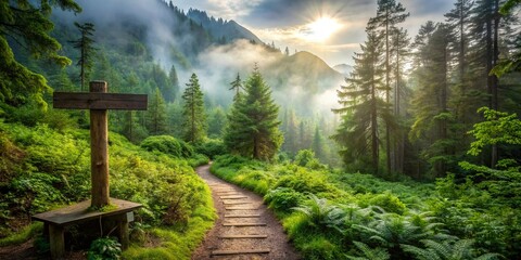 Serene forest trailhead beckons, with rustic wooden signpost, verdant foliage, and winding path disappearing into misty mountains, inviting solo exploration and discovery.