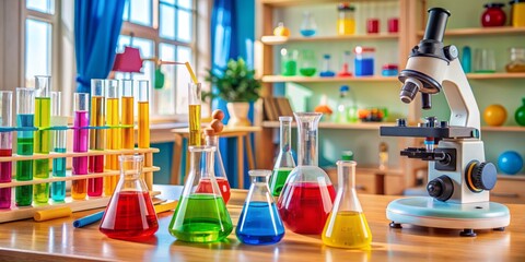 Colorful beakers, test tubes, and a microscope surround a cluttered table, illustrating a fun and educational science experiment in a child's playroom or classroom setting.