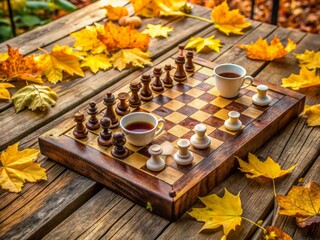 A vintage wooden chessboard with intricately carved pieces stands on a rustic outdoor table surrounded by scattered autumn leaves and empty coffee cups.