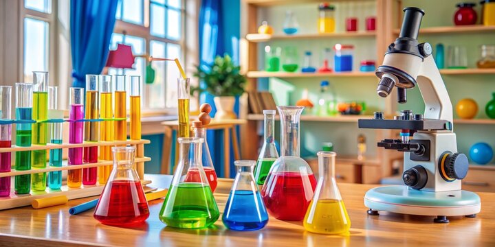 Colorful beakers, test tubes, and a microscope surround a cluttered table, illustrating a fun and educational science experiment in a child's playroom or classroom setting.