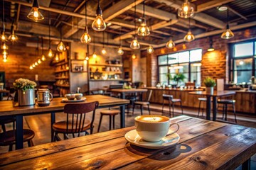 Cozy coffee shop interior with rustic wooden accents, warm lighting, and empty tables, showcasing a rewards card and a full coffee cup on a small table.