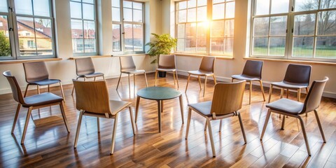 Fototapeta premium Empty chairs surround a vacant therapist's seat, awaiting a group of teens to open up about their struggles and receive guidance in a supportive therapy setting.
