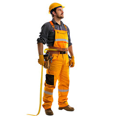 Construction worker in safety gear holding a tool, representing occupational safety and industrial work environment.