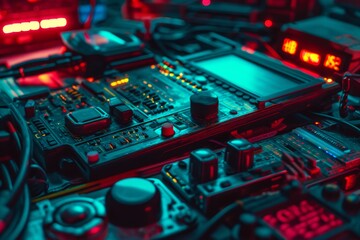 A collection of electronic devices placed on a table in a room, Background featuring a range of futuristic gadgets, AI generated