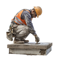 Construction worker in safety gear, kneeling and working on a concrete slab at a building site. Precision in construction tasks.