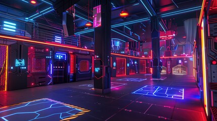 An indoor virtual reality laser tag arena with futuristic game settings