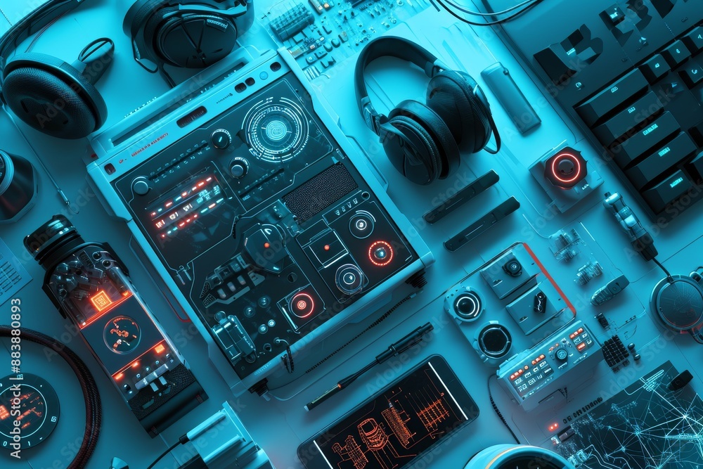 Poster background featuring a range of futuristic gadgets, various electronic devices neatly arranged on a 