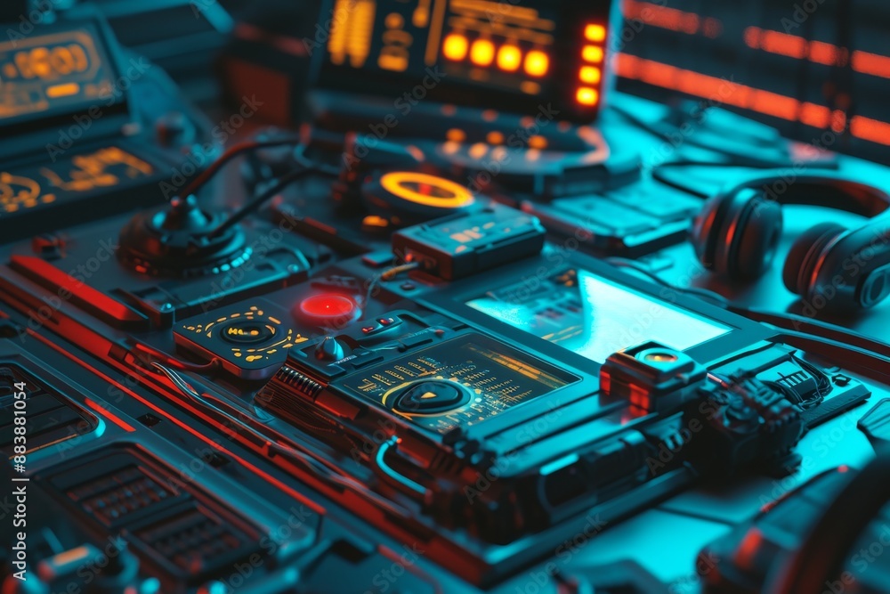 Poster background featuring a range of futuristic gadgets, various electronic devices neatly arranged on a 