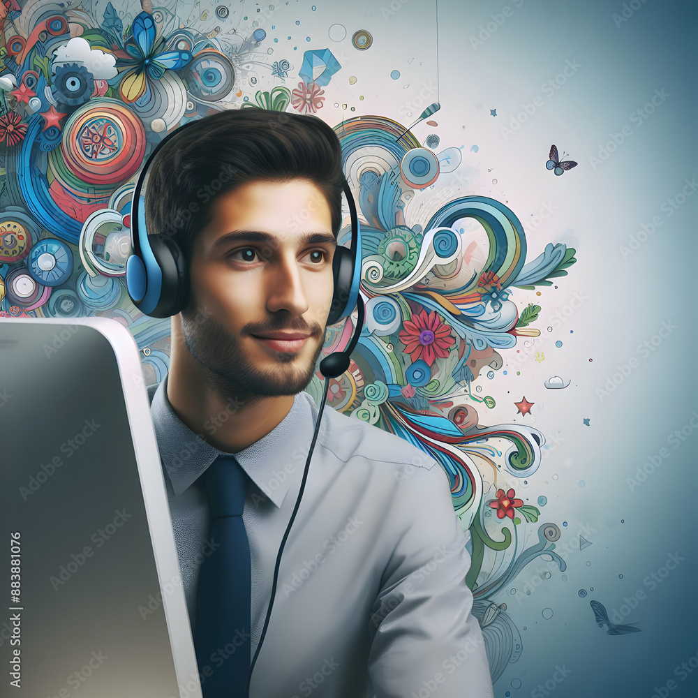 Poster customer support agent with headset and computer providing business assistance on whimsical backgrou