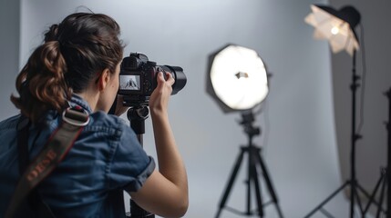 Photographer adjusting camera settings for a portrait in a studio.