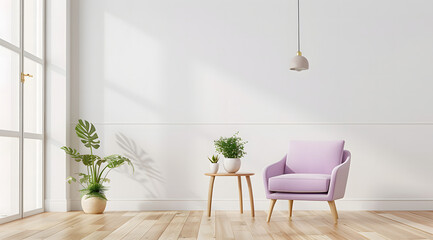 white wall with light wood floors and a pastel purple armchair