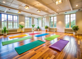 Serene prenatal yoga studio with colorful mats, wooden floors, and calming decor, evoking feelings of wellness and community for expectant mothers to practice together.