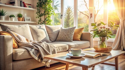 Fototapeta premium Cozy morning atmosphere with soft natural light, comfortable couch, and scattered magazines, evoking a sense of relaxation and quiet leisure time at home.