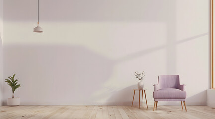 white wall with light wood floors and a pastel purple armchair
