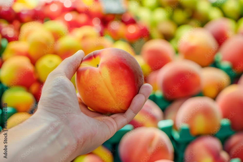 Poster a hand delicately holds a ripe peach, highlighting its fuzzy skin and vibrant color. the background 