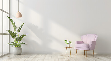 white wall with light wood floors and a pastel purple armchair