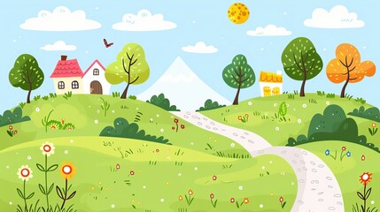 Naklejka premium Spring Day in a Cartoon Village