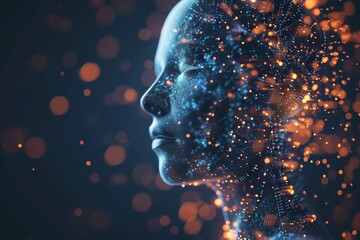 A glowing city serves as the backdrop for a woman with a luminous face, Artificial intelligence avatar interacting with digital space, AI generated