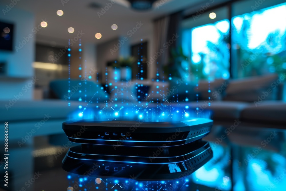 Poster a high-speed router with a holographic projection of glowing blue lines and dots. the router sits on