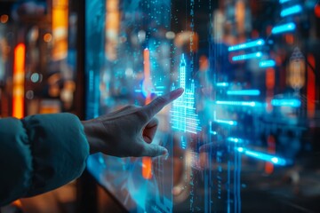 A hand confidently points at a futuristic cityscape hologram projected on a digital screen. The hologram is in focus, while the background is blurred