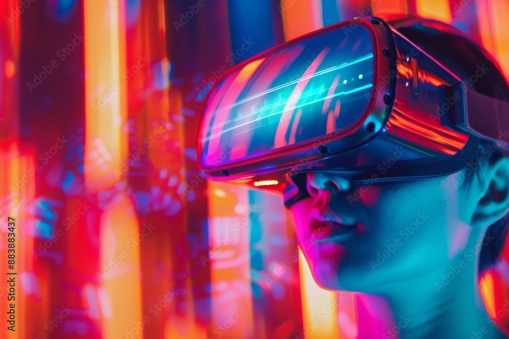 Aufkleber a vr user in front of a futuristic interface with neon colors, illuminated headset display, and vert