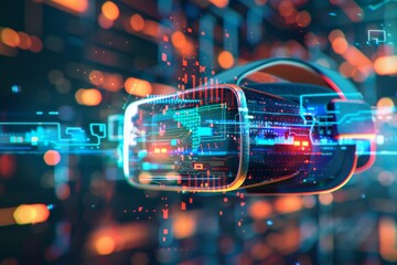 A close-up shot of a virtual reality headset with a futuristic digital interface overlay in front of a blurry background of lights and digital data