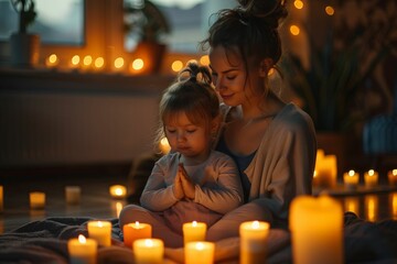 Mother and Daughter Meditating Together Surrounded by Candlelight in a Cozy Home Setting