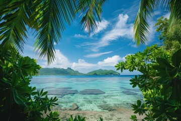 A serene, panoramic view of a tropical island with clear turquoise water, framed by lush, vibrant green palm trees