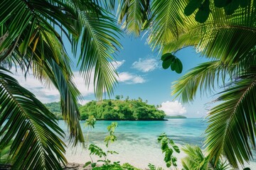 Fototapeta premium A serene tropical island with lush greenery, a clear blue sky, and turquoise waters is framed by vibrant green palm trees