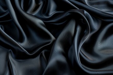 Fototapeta premium A close-up view of black silk fabric draped on a dark backdrop. The soft lighting highlights the texture and elegance of the silk