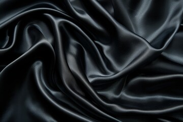 A close-up image of black silk fabric draped in soft, elegant folds, highlighted by subtle lighting