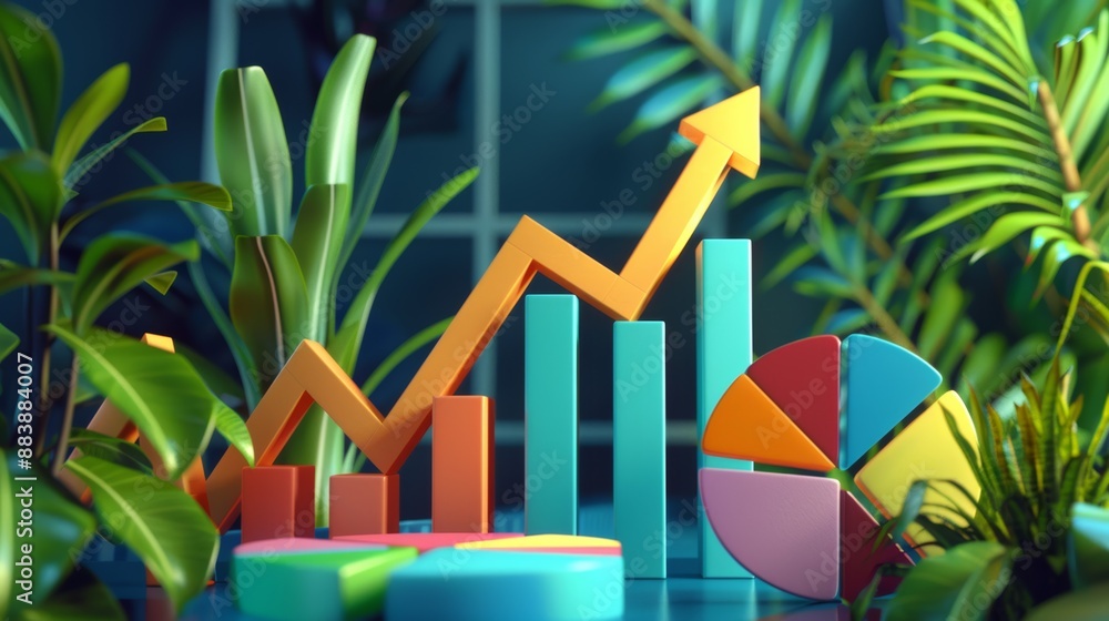 Poster a colorful business chart with upward arrows and pie charts on the table, showcasing growth in sales