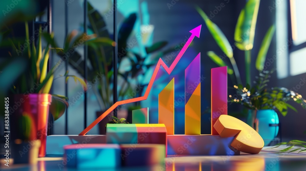Poster a colorful business chart with upward arrows and pie charts on the table, showcasing growth in sales