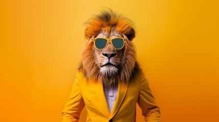 Obraz premium funny lion wearing sunglasses and summer suit , illustration of a lion wearing sunglasses and summer suit , cartoon lion wearing sunglasses and summer suit