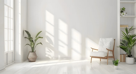 Fototapeta premium white wall with wooden slats on the right side, white floor and ceiling, minimalistic interior design of an empty living room