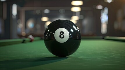 Close-up of black eight ball on green pool table, dramatic focus for game-deciding moment