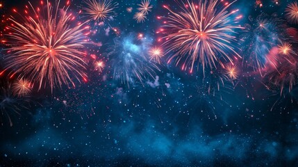 A vibrant display of fireworks lighting up the night sky celebration beautiful Festive dark background with fireworks. New year celebrated dark blue copy space area