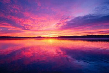 A vibrant sunrise paints the sky with hues of pink and purple, reflecting beautifully on the calm surface of a still lake