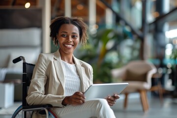 A professional woman in a wheelchair smiles confidently as she manages documents on her tablet in a modern office setting