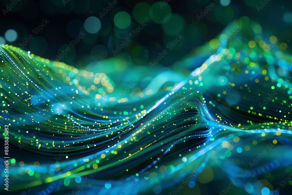 Poster a dynamic composition of glowing blue and green digital lines and dots create a wave-like pattern
