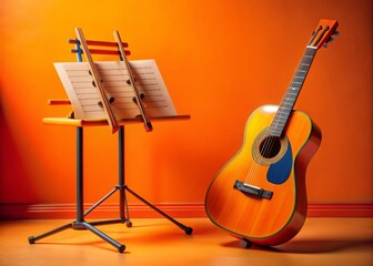 Naklejka premium Colorful orange background with a child's guitar leaning against a music stand, surrounded by music sheets and notes, evoking a sense of playful learning.