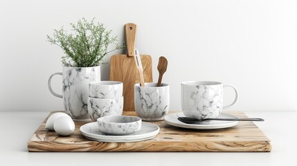 Fototapeta premium Contemporary marble kitchenware on white background, luxurious and elegant