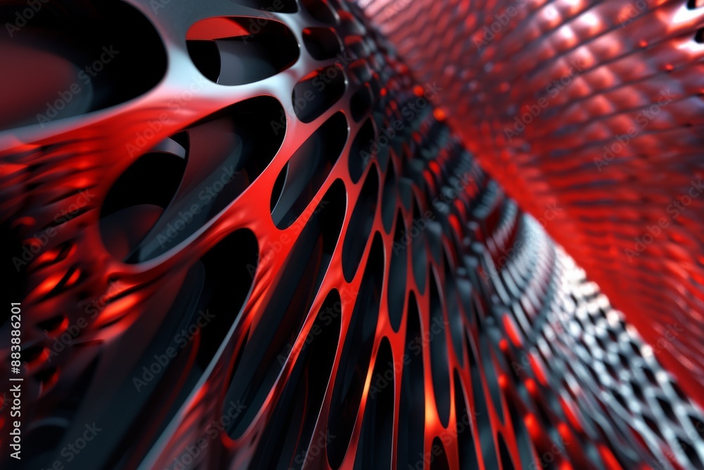 Poster a close-up view of a metallic grid with a red and black color scheme, featuring a dynamic and abstra