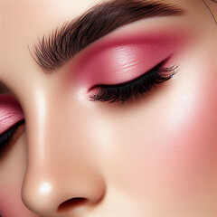 Fototapeta premium Close up of pink makeup on woman's closed eyes 